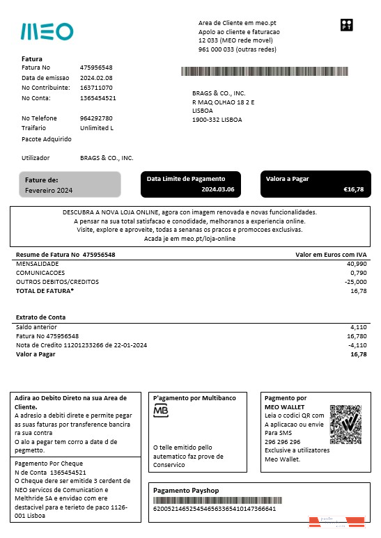 Portugal MEO business utility bill template in Word and PDF formats, fully editable